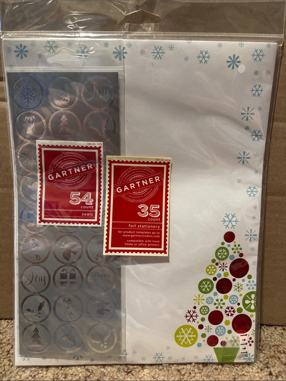 NEW White Holiday Foil Stationery with Green and Red Tree Accents & Silver Seals